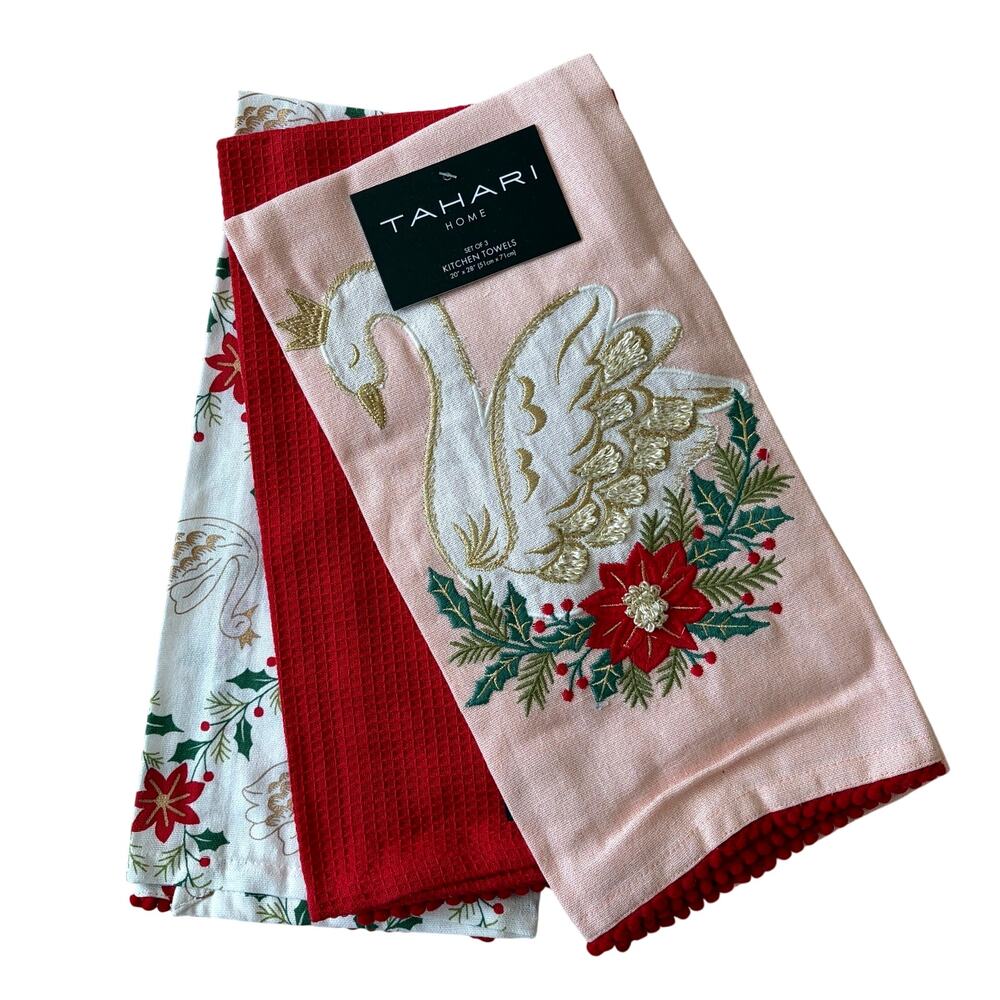Tahari Home Kitchen Towels 3pc Christmas Swan Embroidered 100% Cotton NEW